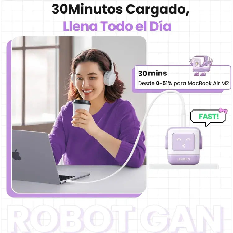 CARGADOR FAST CHARGER - 65 W - GAN - 1 USB A + USB 2 - COLOR PURPURA