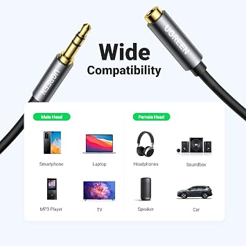 UGREEN 3.5MM MALE TO 3.5MM MALE STRAIGHT TO ANGLE FLAT CABLE 1M (BLACK)