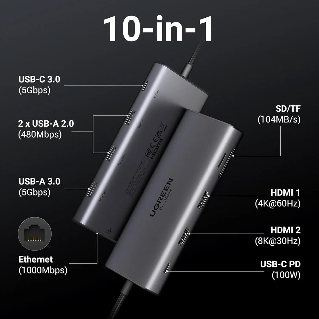 ADAPTADOR HUB 10 EN 1 - 1 USB3.0 + 2 USB 2.0 + 2 HDMI +1 RJ45 GIGABIT+SD&TF+ PD PORT CONVERTER