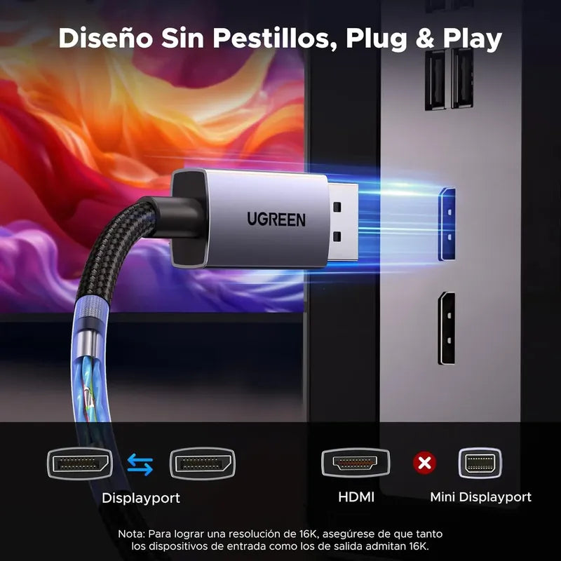 UGREEN DISPLAYPORT 16K CABLE MALE TO MALE ALUMINUM ALLOY SHELL 1M