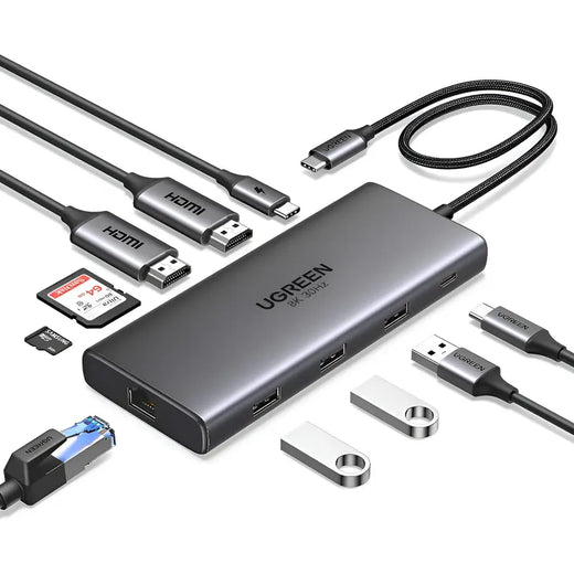 ADAPTADOR HUB 10 EN 1 - 1 USB3.0 + 2 USB 2.0 + 2 HDMI +1 RJ45 GIGABIT+SD&TF+ PD PORT CONVERTER