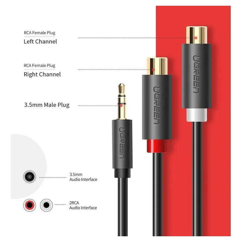 UGREEN 3.5MM MALE TO 2RCA FEMALE CABLE 25CM (GRAY)