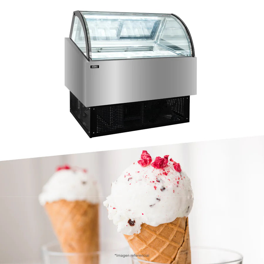 Congeladora Premium De Pozas De Helados 12 Pozas Vidrio Curvo Ilumi