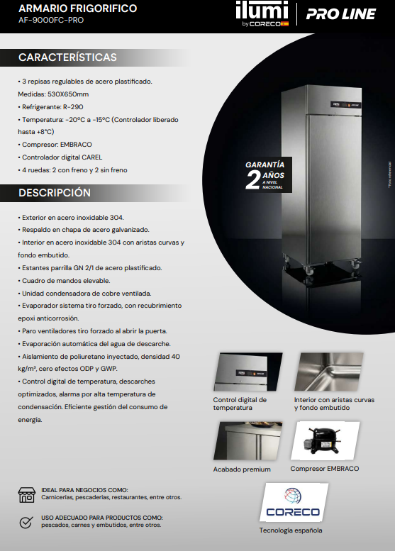 Armario frigorífico Una Puerta Pro-Line 900Lts Ilumi