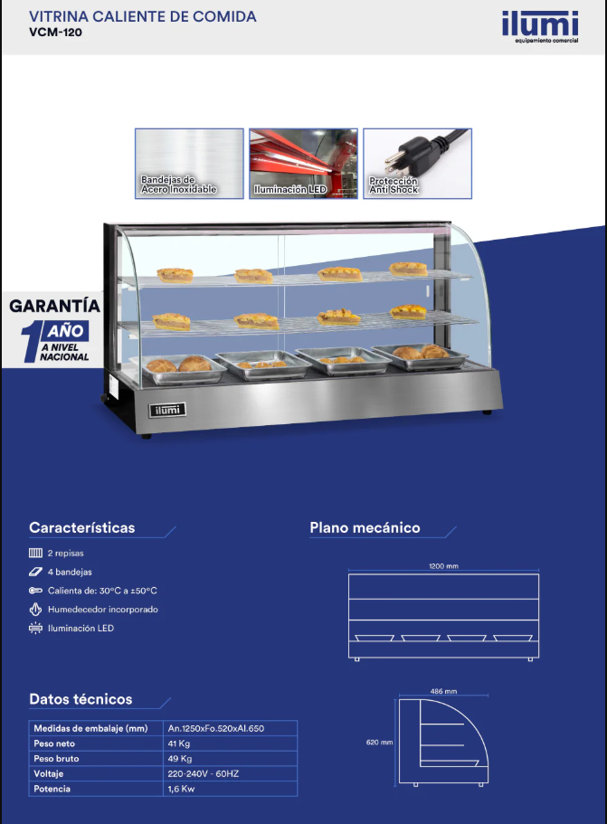 Vitrina Caliente Grande De 120Cm De 4 Bandejas Ilumi