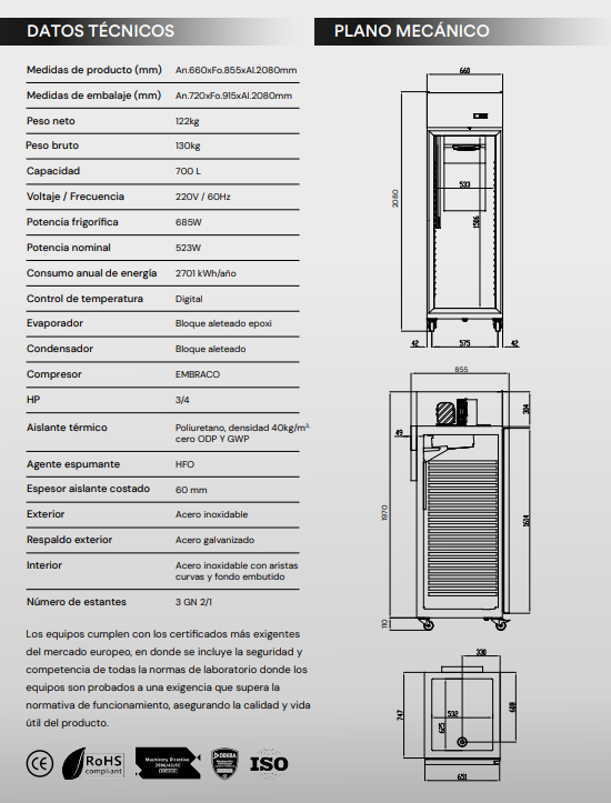 Armario frigorífico Una Puerta Pro-Line 900Lts Ilumi