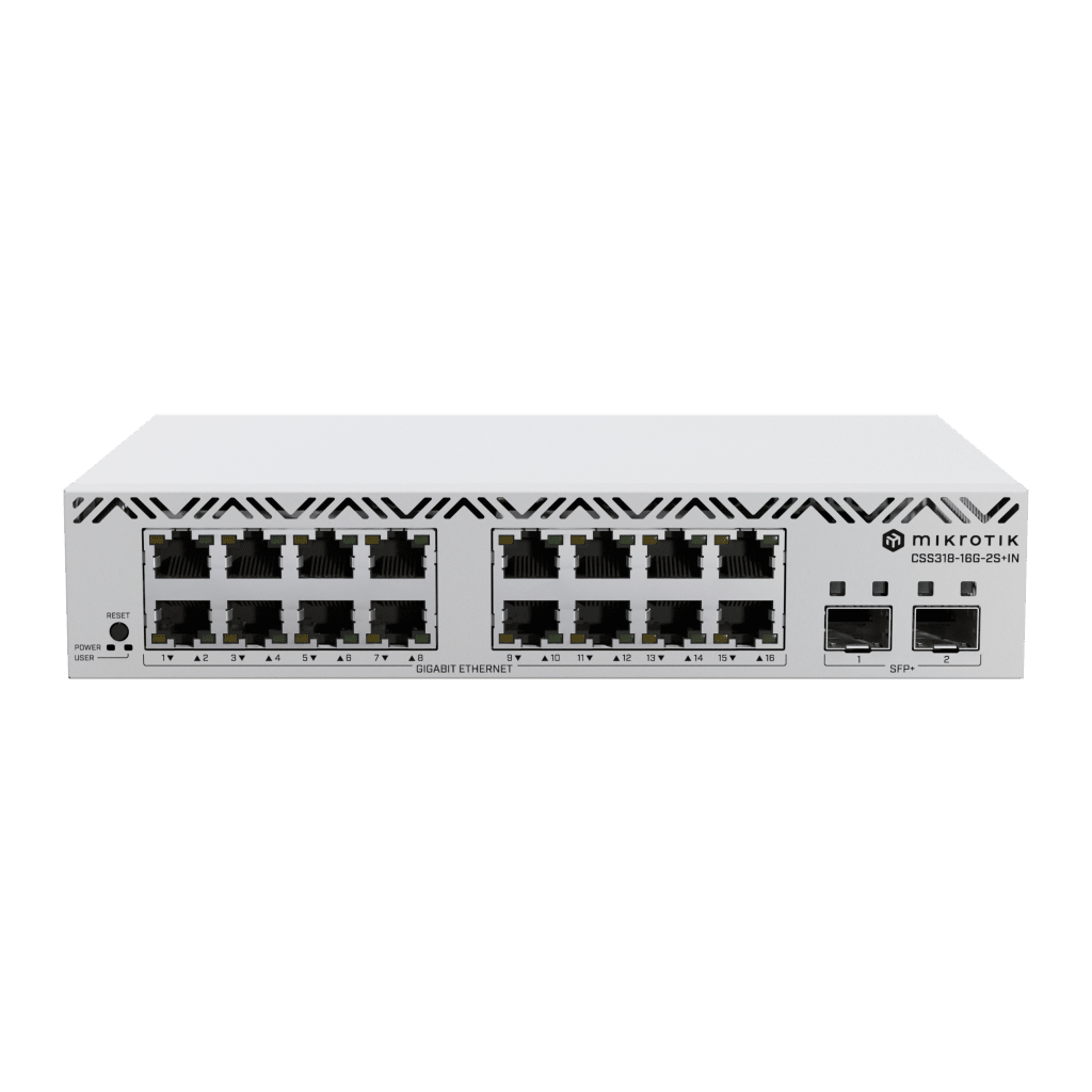 Switch con 16 Puertos Gigabit Ethernet / 2 Puertos SFP+ 10G / Filtrado MAC y VLANs / SwOS Configuración Web
