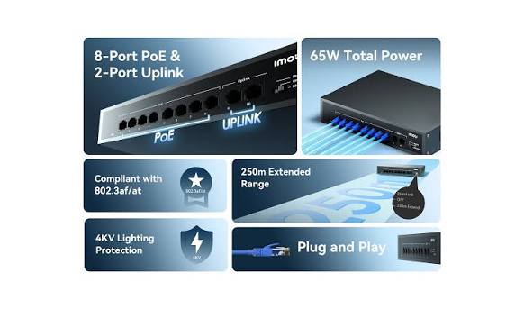 Switch PoE Profesional de 10 Puertos IMOU (8 Puertos PoE + 2 Uplink / 65W)