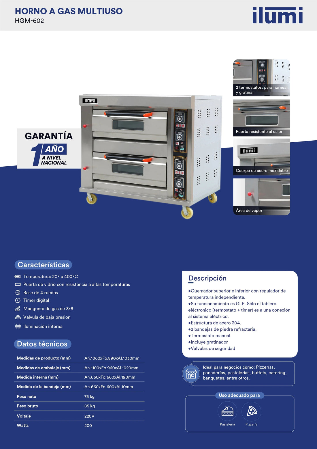 Horno Industrial A Gas Multiuso 60 Cms 2 Compartimientos Ilumi