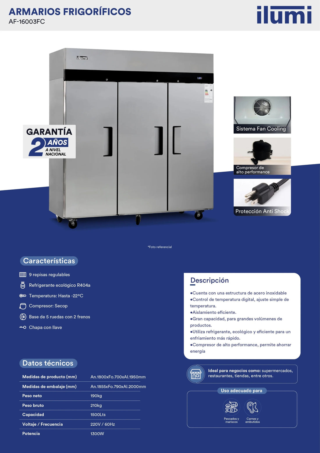 Armario frigorífico congelador Fan Cooling de 1500 litros Ilumi