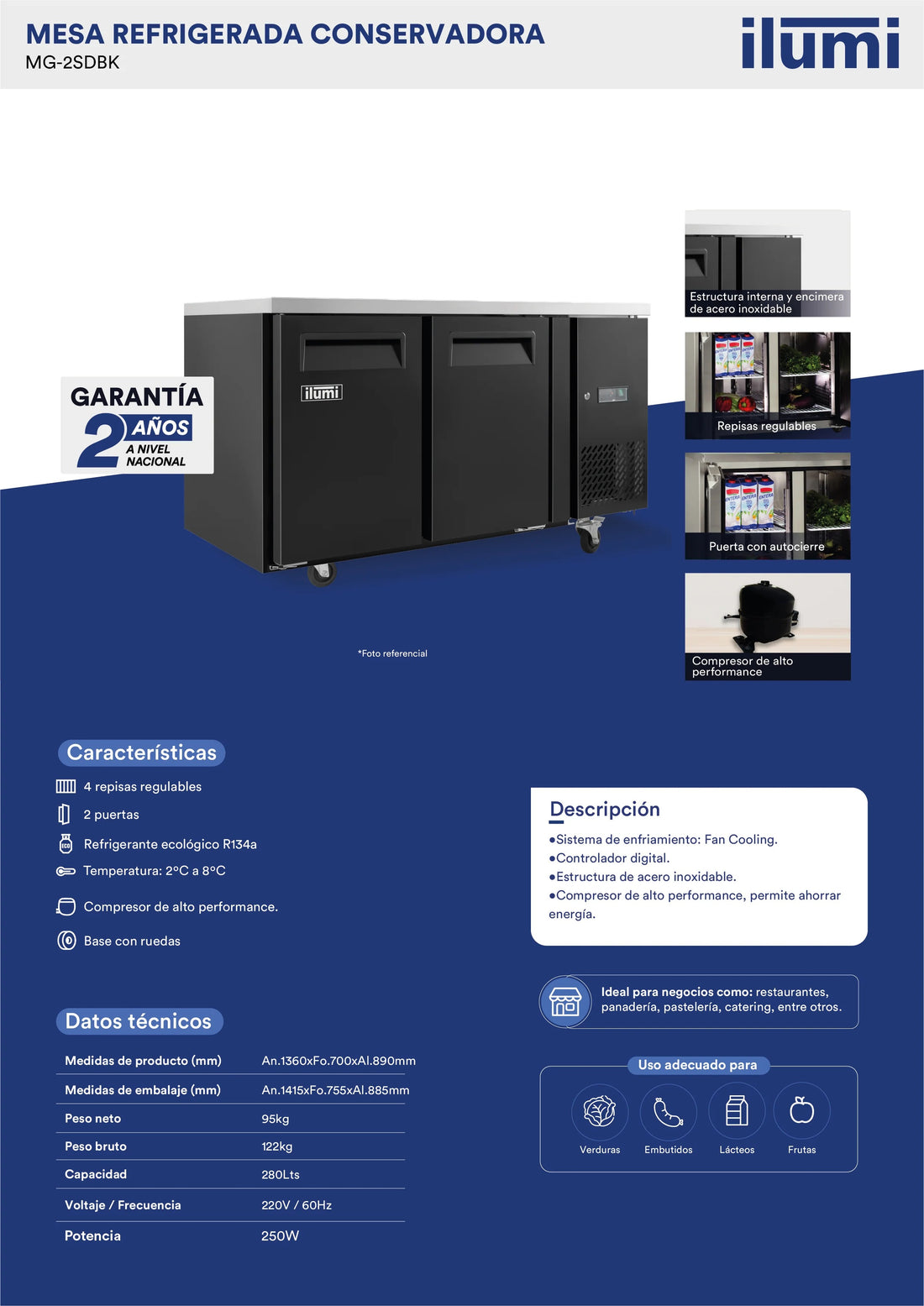 Meson Refrigerada Conservadora Gourmet 2 Puertas Sólidas 280L - Negra Ilumi