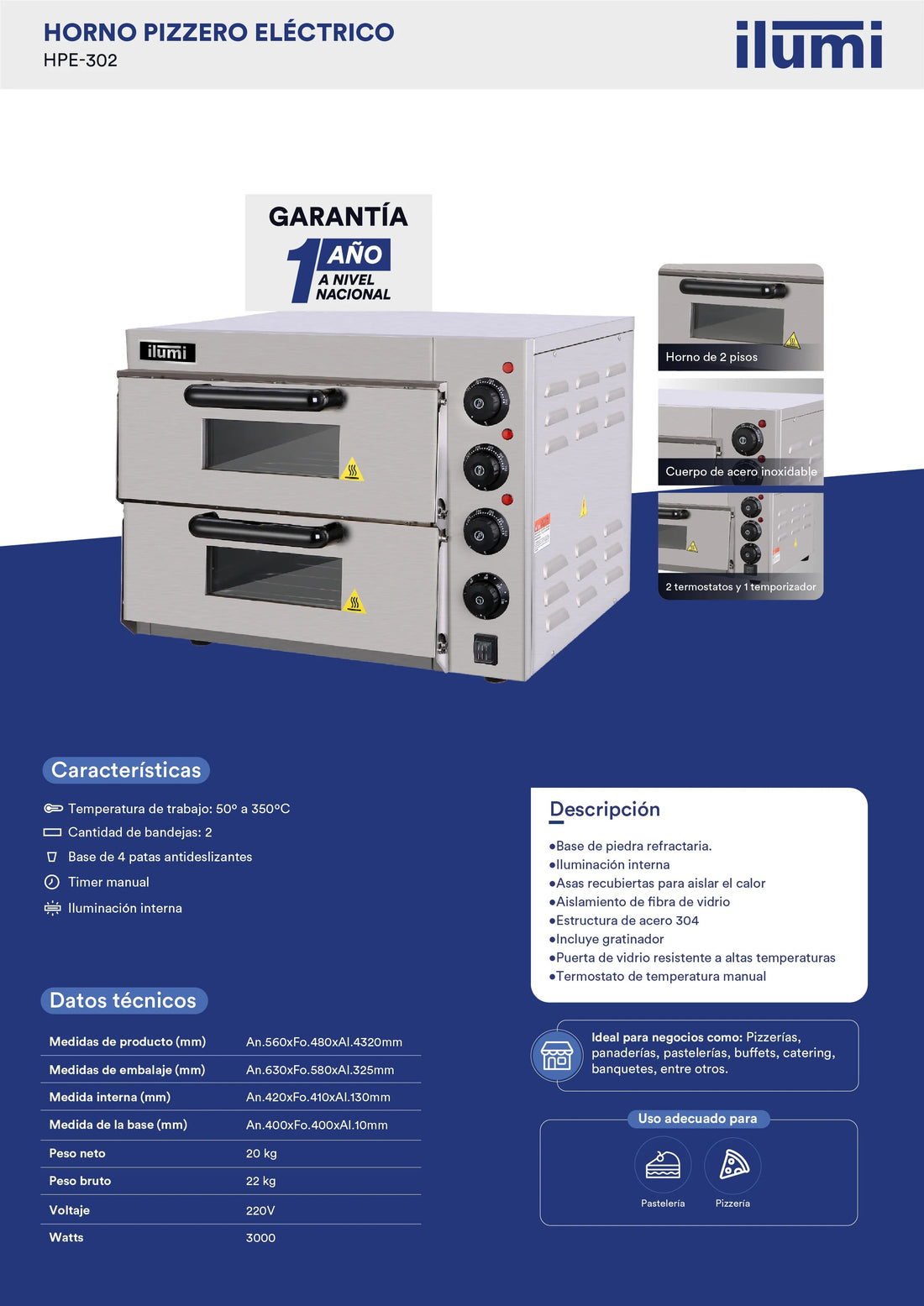Horno Industrial Pizzero Electrico 2 Compartimiento Ilumi