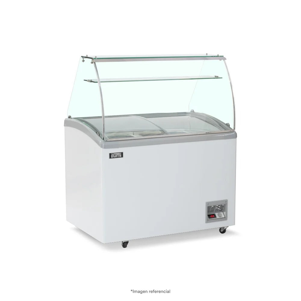 Congeladora Con Vitrina y 6 Pozas Para Helados Vidrio Alto 320 Litros Ilumi