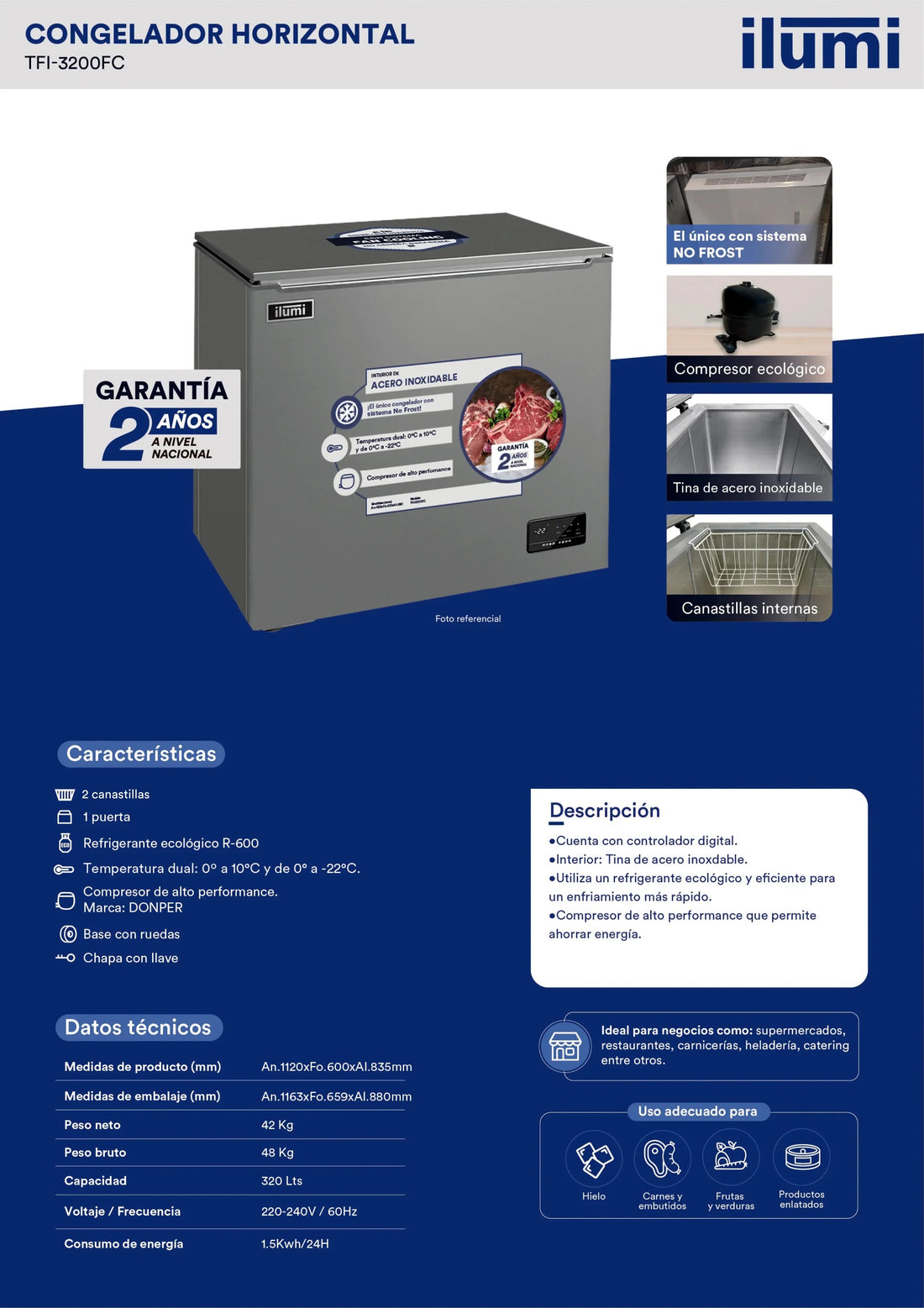 Congelador Fan Cooling con tina de Acero Inoxidable de 320 litros