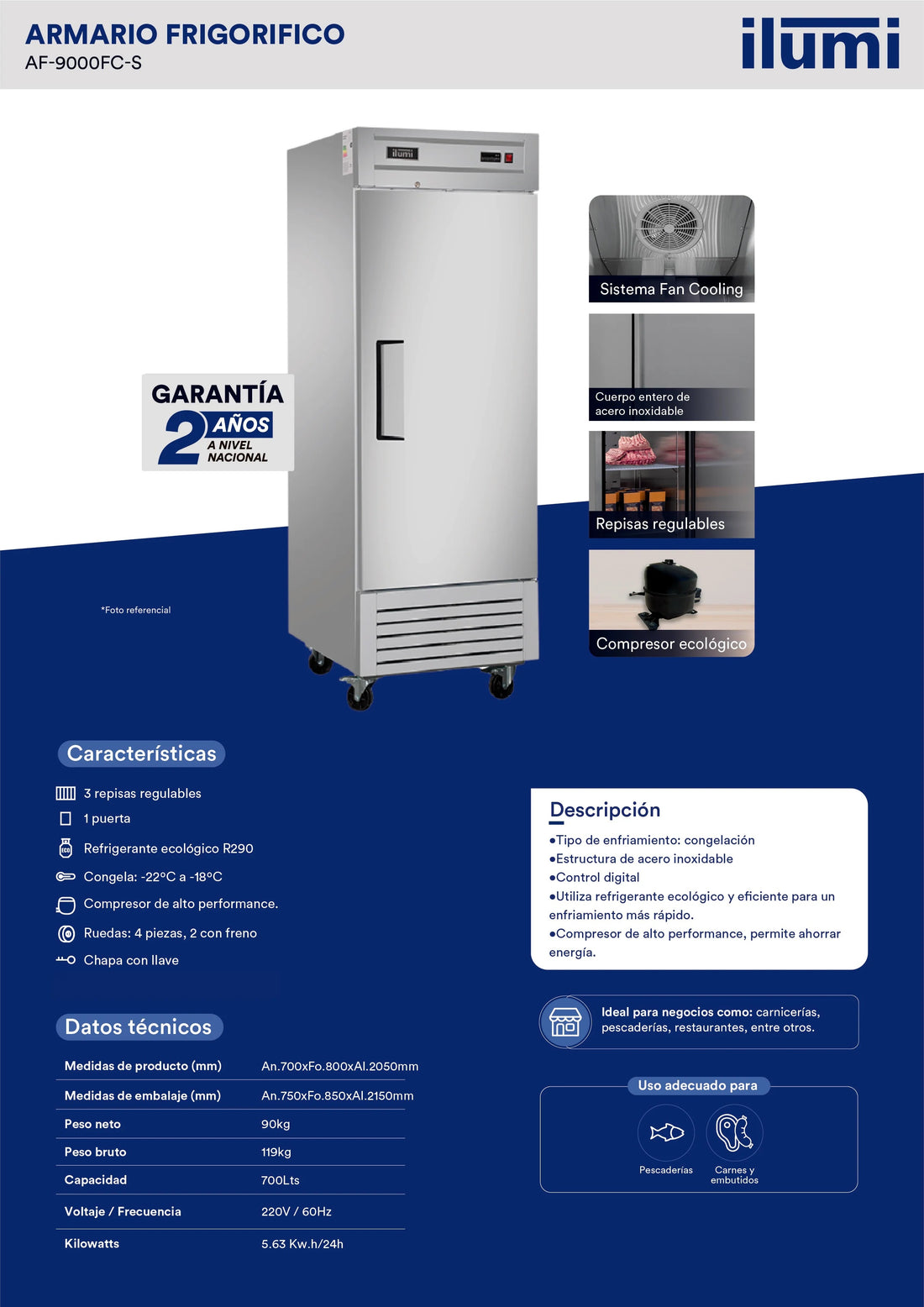 Armario frigorífico congelador Fan Cooling de 700 litros Ilumi