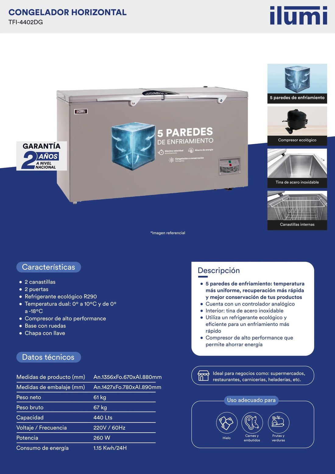 Congelador con tina de Acero Inoxidable de 440 litros