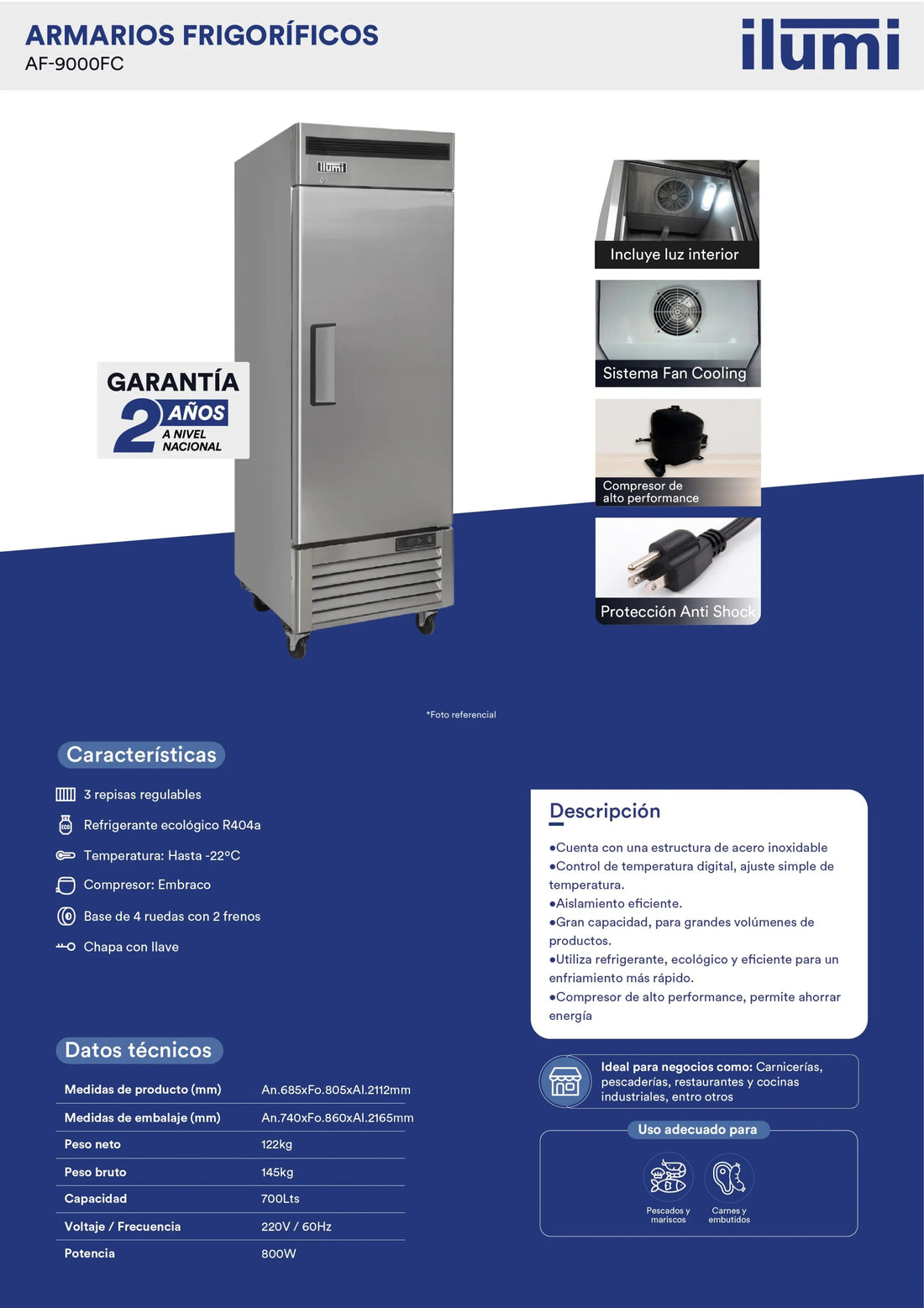 Armario frigorífico congelador Fan Cooling de 700 litros Ilumi