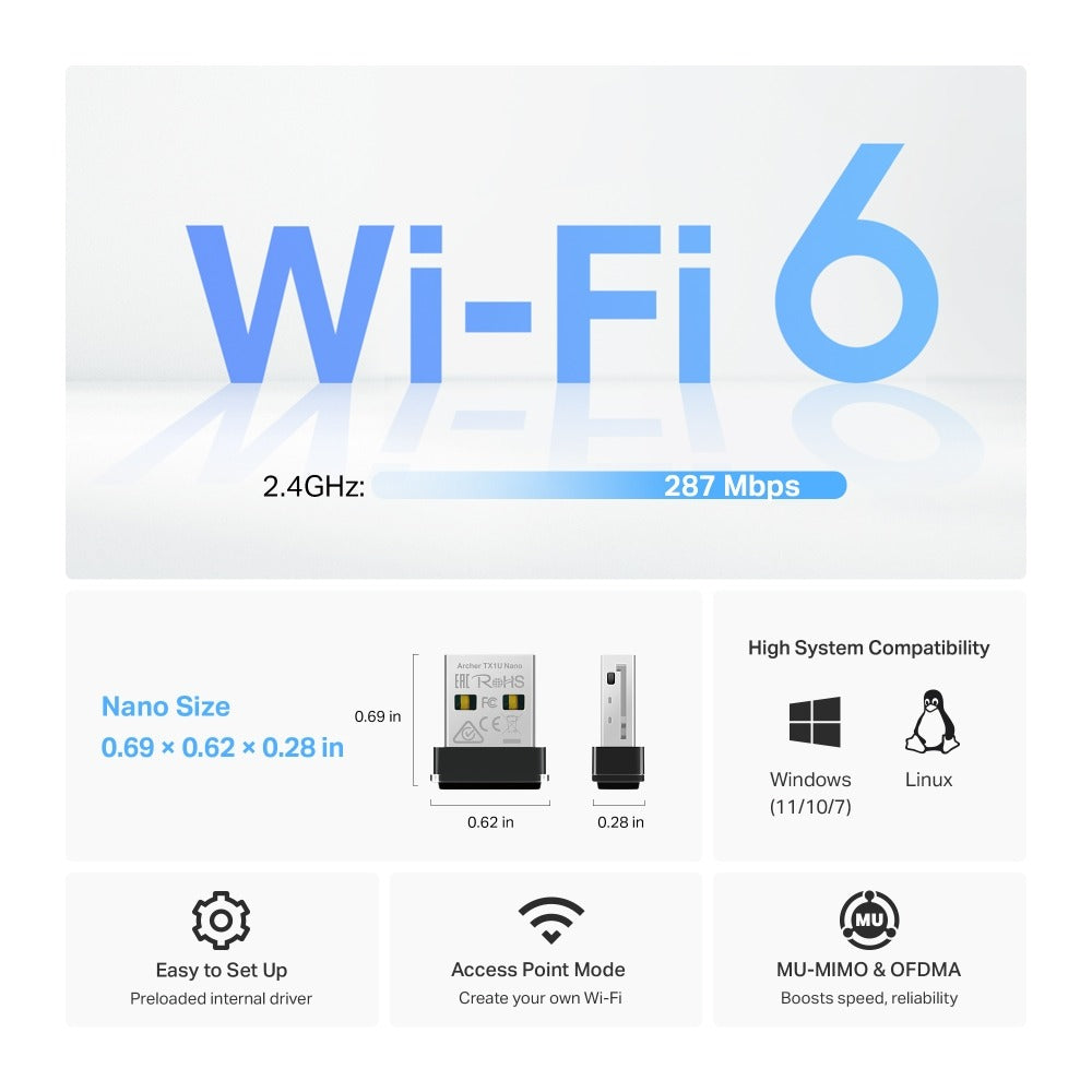 ARCHER TX1U NANO ADAPTADOR USB WIFI 6 AX300 COMPACTO TP-LINK