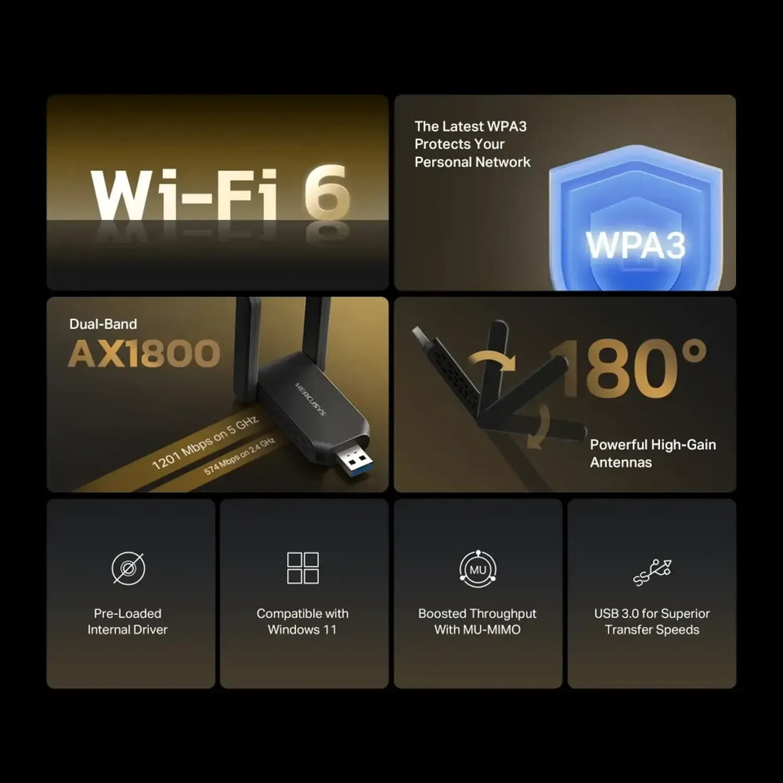 Adaptador USB MERCUSYS WiFi 6 AX1800 dual band (5GHz/2.4GHz)