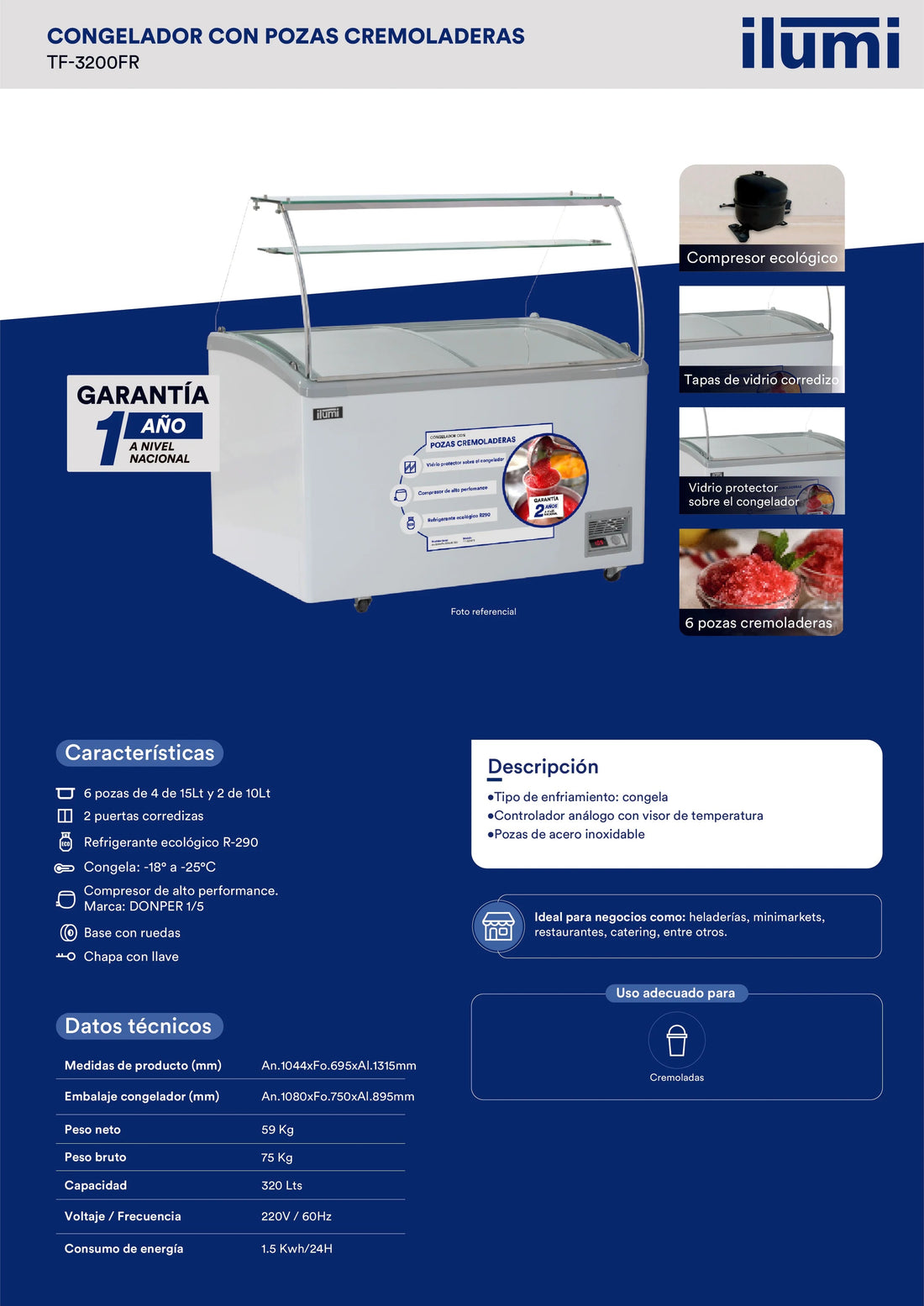 Congeladora Con vitrina y 6 Pozas Para Cremoladas Vidrio Alto 320 Litros Ilumi