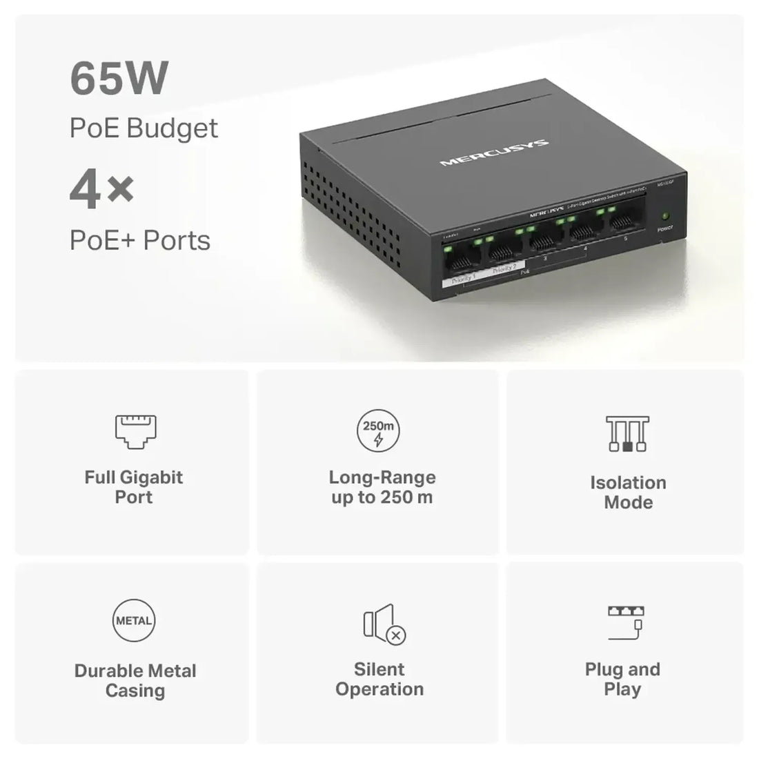 Switch MERCUSYS 5 puertos Gigabit (10/100/1000), 4 puertos PoE+ (30W c/u, 65W total)