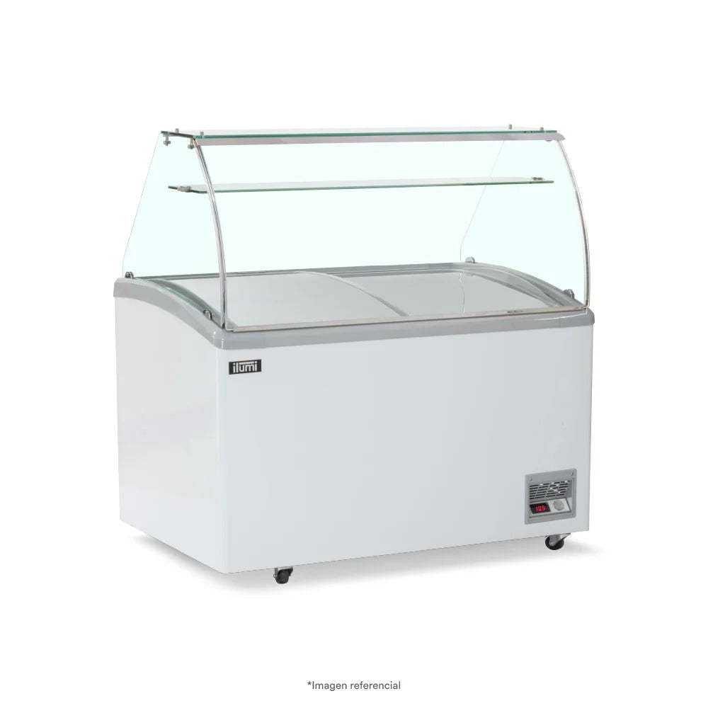 Congeladora Con Vitrina y 9 Pozas Para Helados Vidrio Alto 420 Litros Ilumi