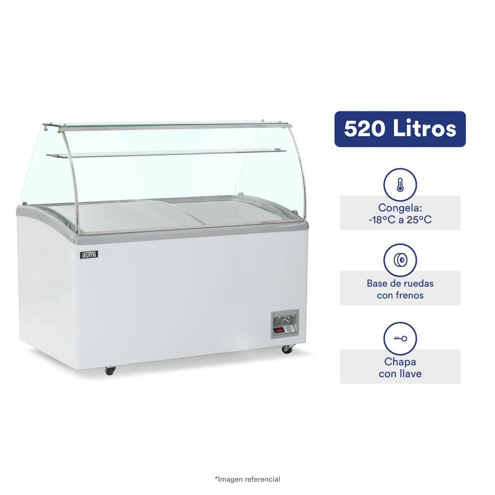 Congeladora Con Vitrina De 12 Pozas Para Helados Vidrio Alto 520 Litros Ilumi