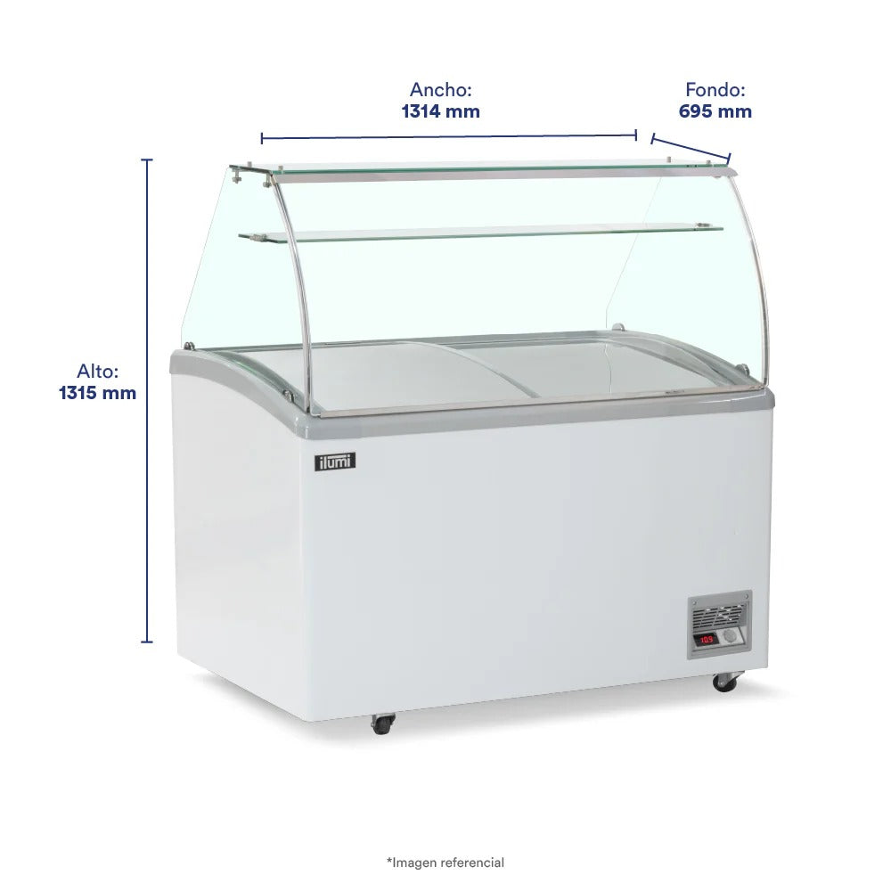 Congeladora Con Vitrina y 9 Pozas Para Helados Vidrio Alto 420 Litros Ilumi