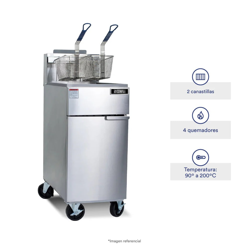 Freidora Industrial A Gas De 26.6 Lts Con 4 Quemadores Inoxidable Ilumi