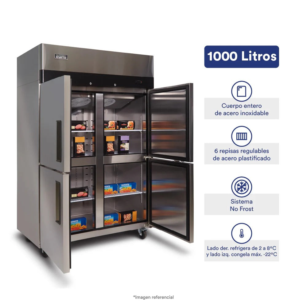 Congeladora Vertical Inox 4 Puertas Sólidas 1000L Fancooling Mixta Ilumi