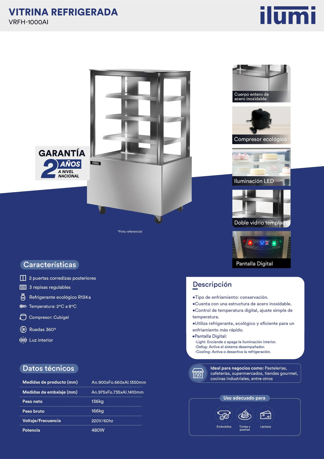 Vitrina Refrigerada Tres Niveles Vidrio Plano Inoxidable Ilumi