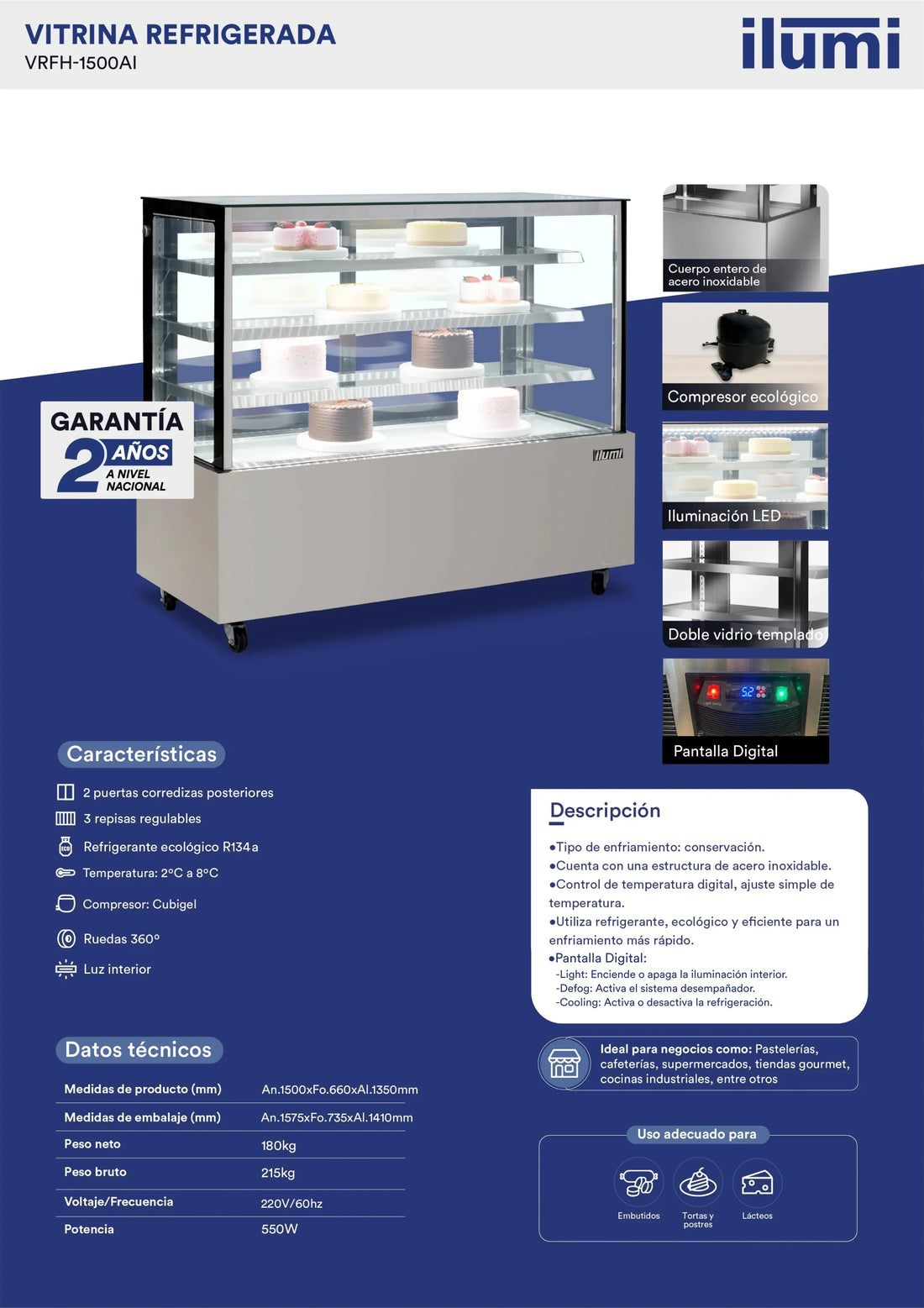 Vitrina Plana Refrigerada 1.35X1.50 Tres Niveles Vidrio Ilumi