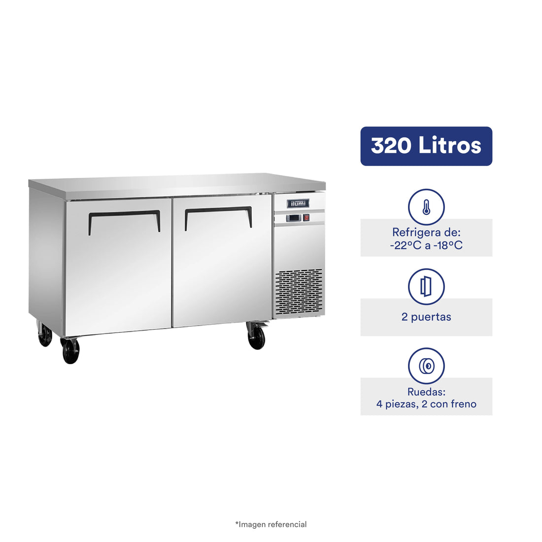 Mesa congeladora de 320 litros con 2 puertas sólidas Ilumi