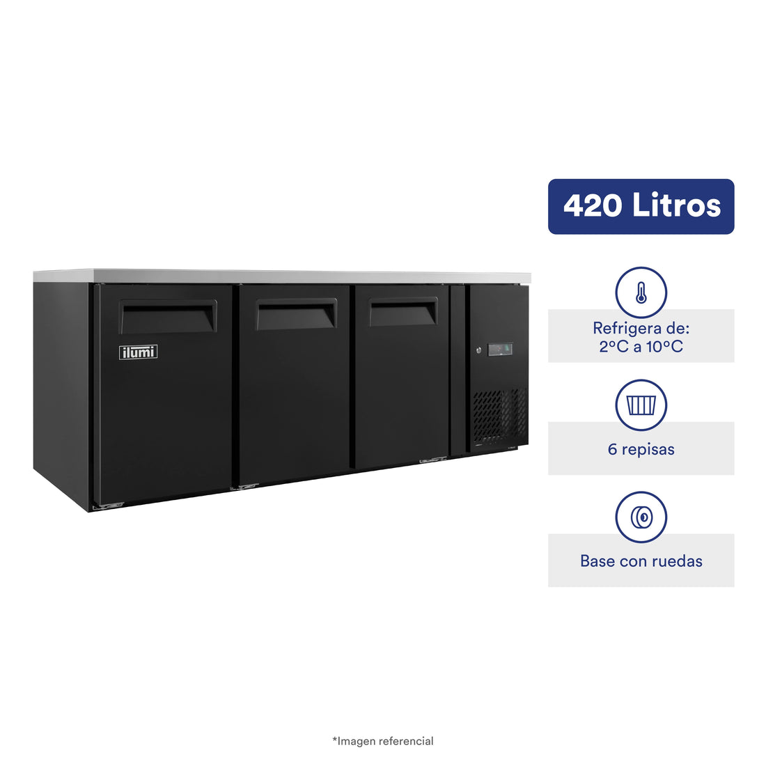 Meson Refrigerada Conservadora Gourmet 3 Puertas Sólidas 420Lts Negra Ilumi