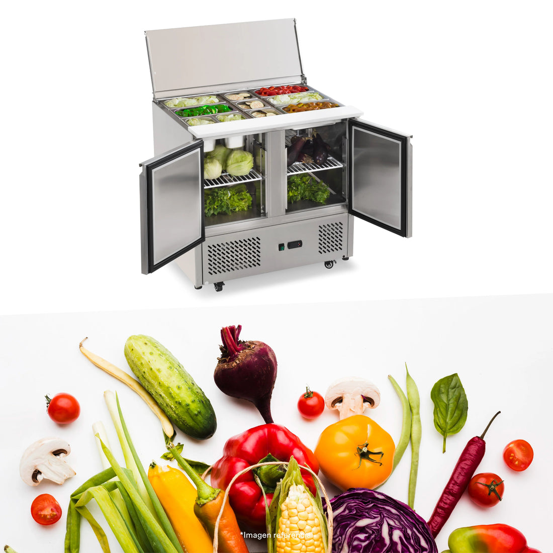 Mesa Ensaladera Refrigerada con 2 Puertas Solidas Ilumi
