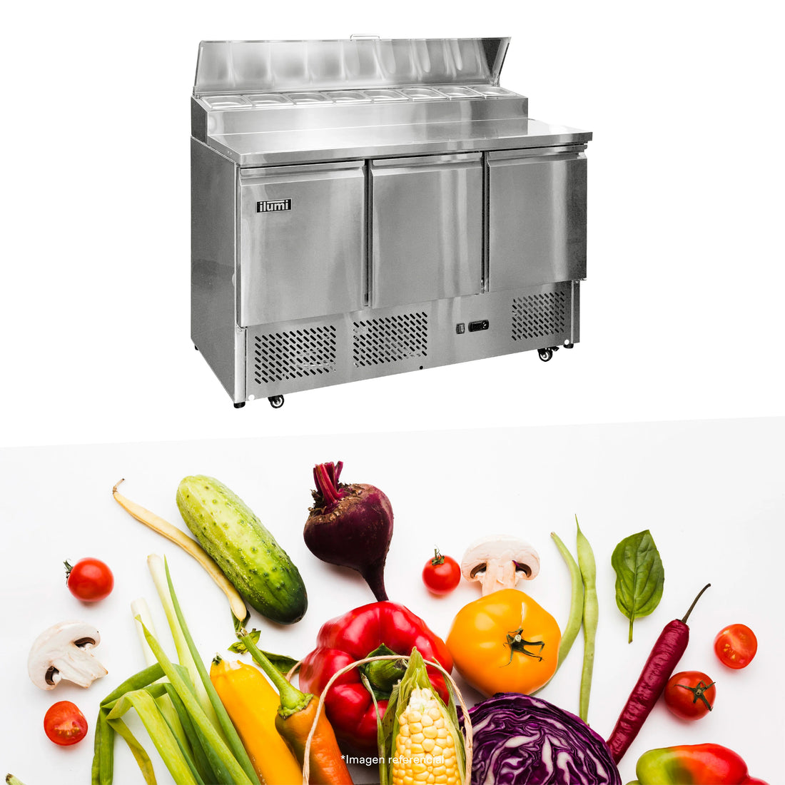 Mesa Refrigerada De Tres Puertas Con Ensaladera Ilumi