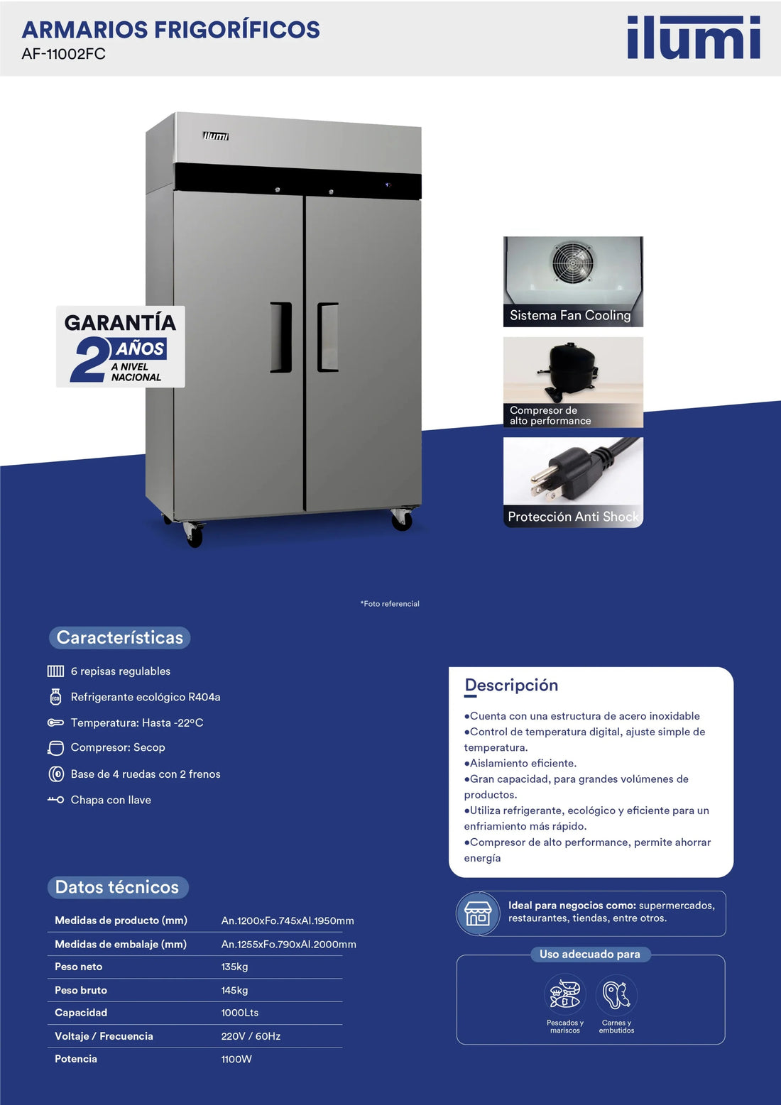 Armario frigorífico congelador Fan Cooling de 1000 litros Ilumi