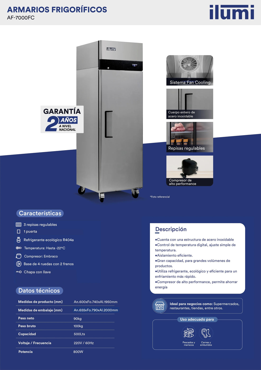 Armario frigorífico congelador Fan Cooling de 500 litros Ilumi