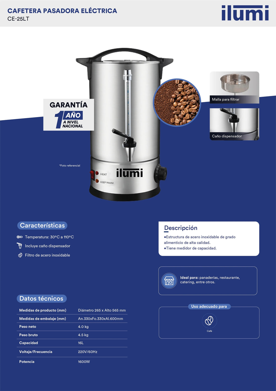 Cafetera Industrial Eléctrica 16Lts Eventos Ilumi Inoxidable
