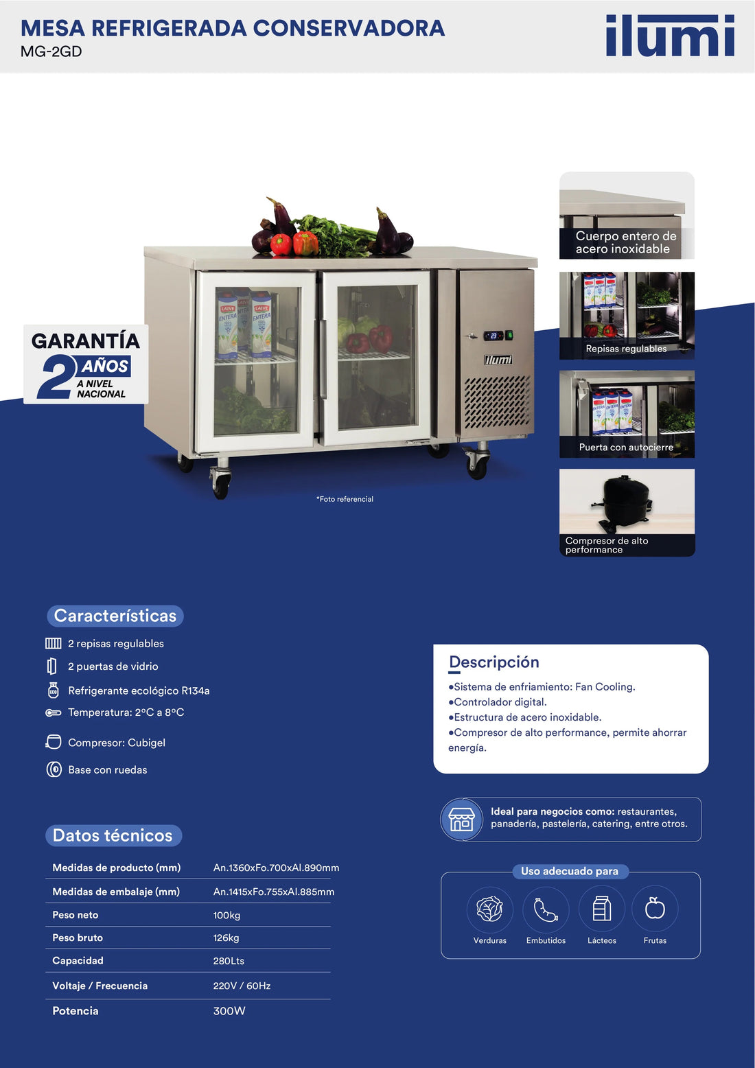 Meson Refrigerada Gourmet 2 Puertas Vídrio 280Lts Ilumi