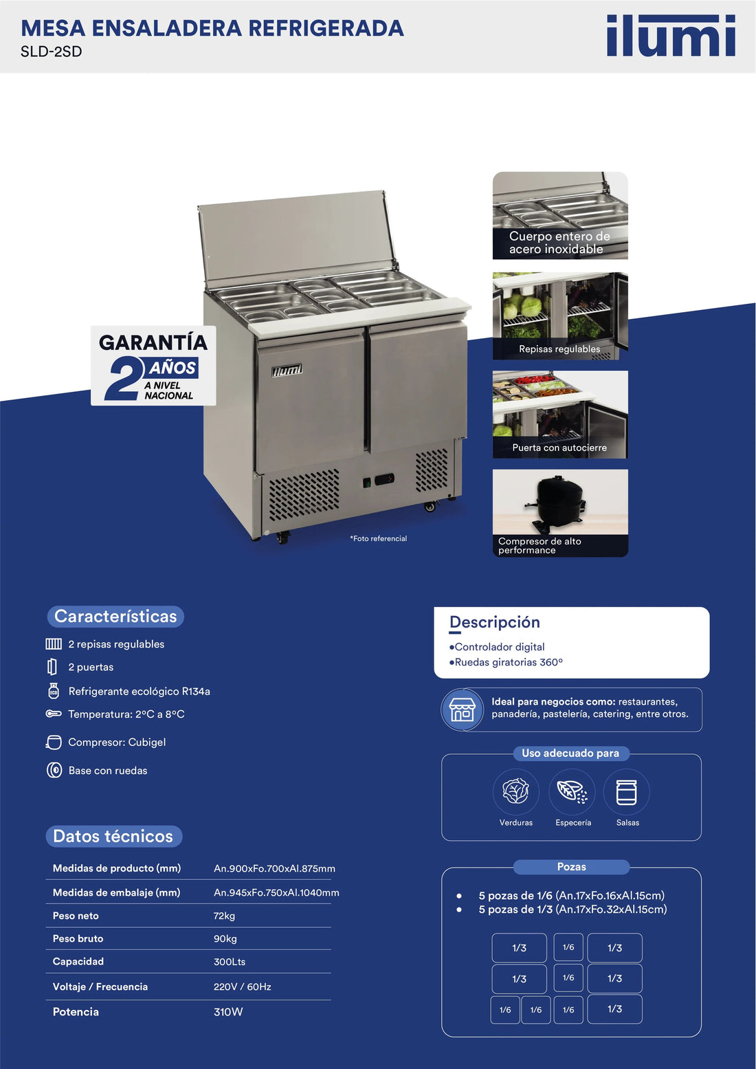 Mesa Ensaladera Refrigerada con 2 Puertas Solidas Ilumi
