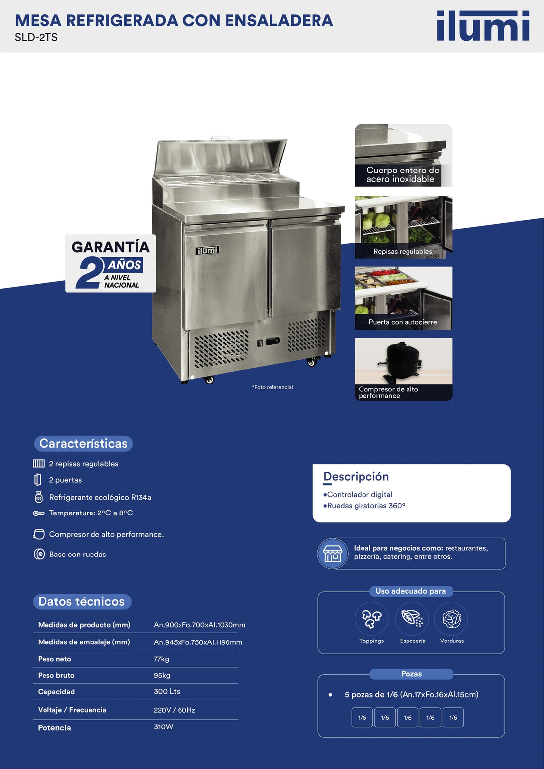Mesa Refrigerada De Dos Puertas Con Ensaladera Ilumi