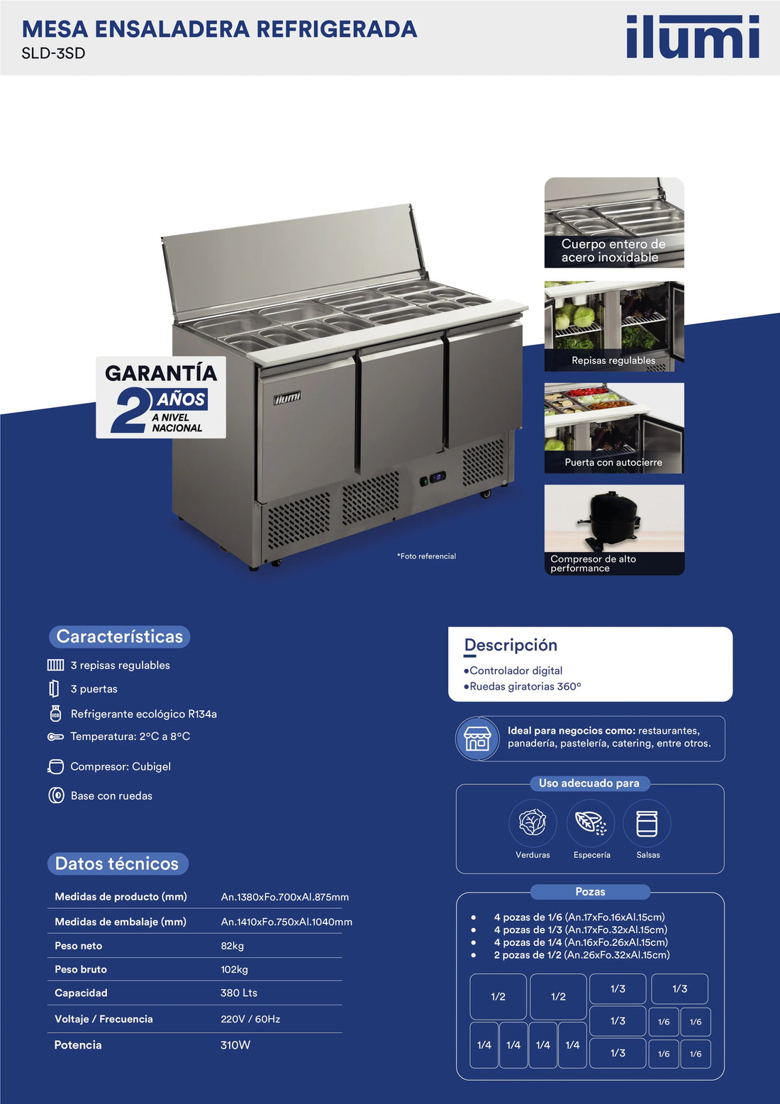 Mesa Ensaladera Refrigerada 3 Puertas Solidas Ilumi