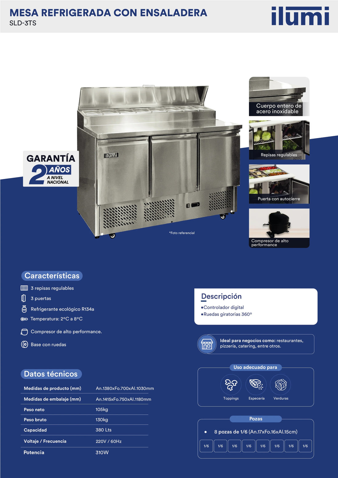 Mesa Refrigerada De Tres Puertas Con Ensaladera Ilumi