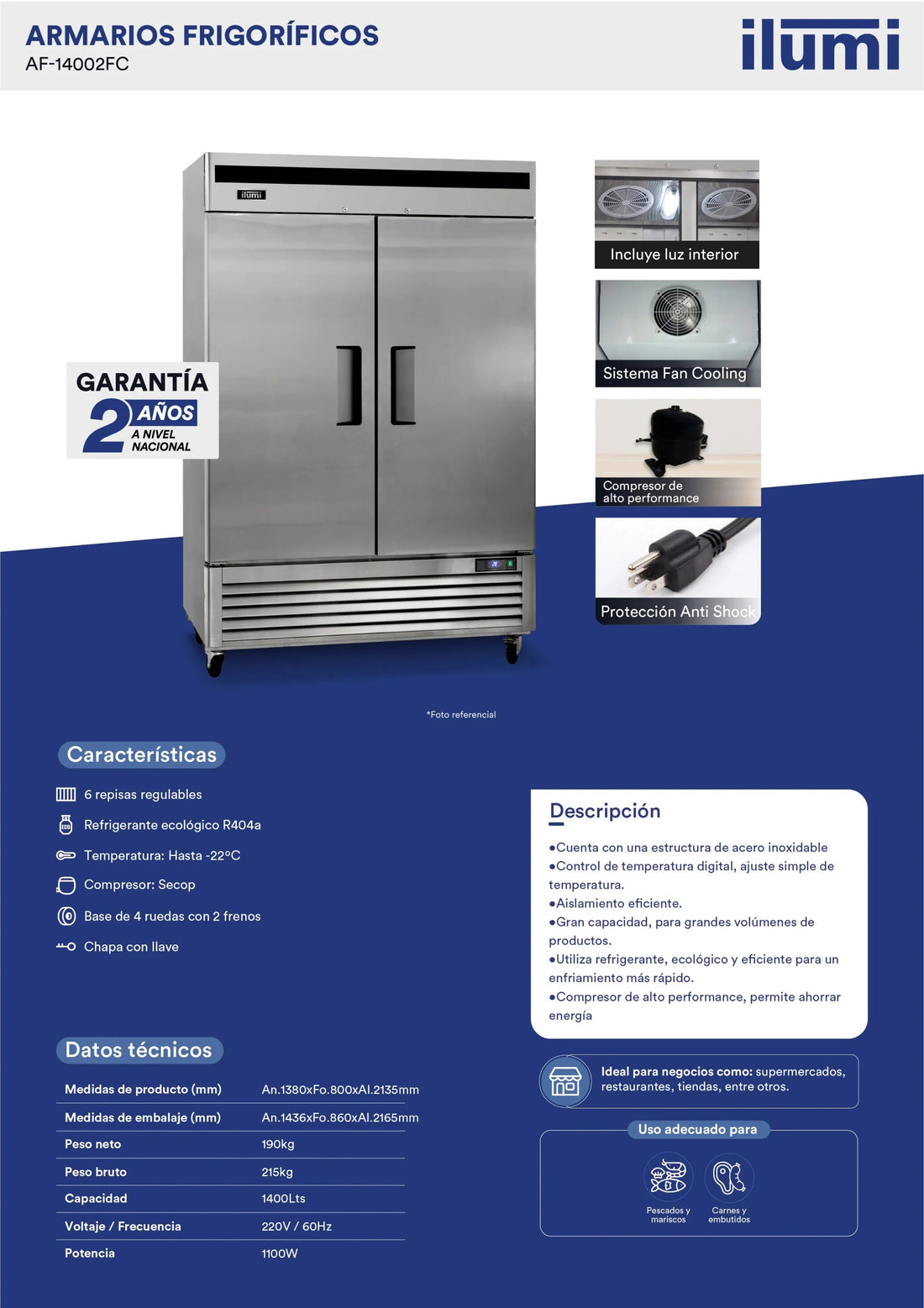 Congeladora Vertical Inox 2 Puertas Sólidas 1400L Fancooling Ilumi
