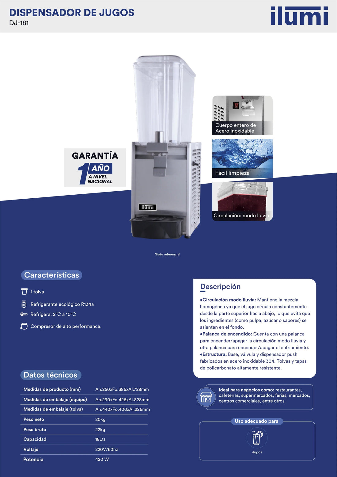 Dispensador De Jugos 1 Pozas 18L Ilumi