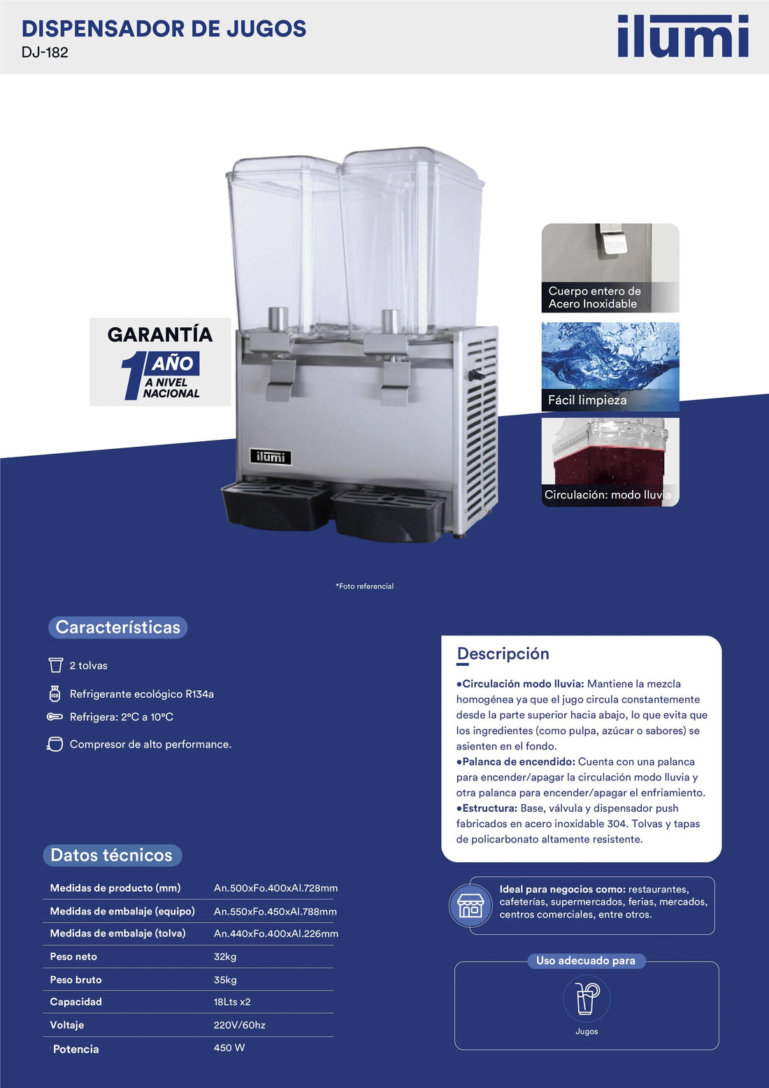 Dispensador De Jugos 2 Pozas 36L Ilumi