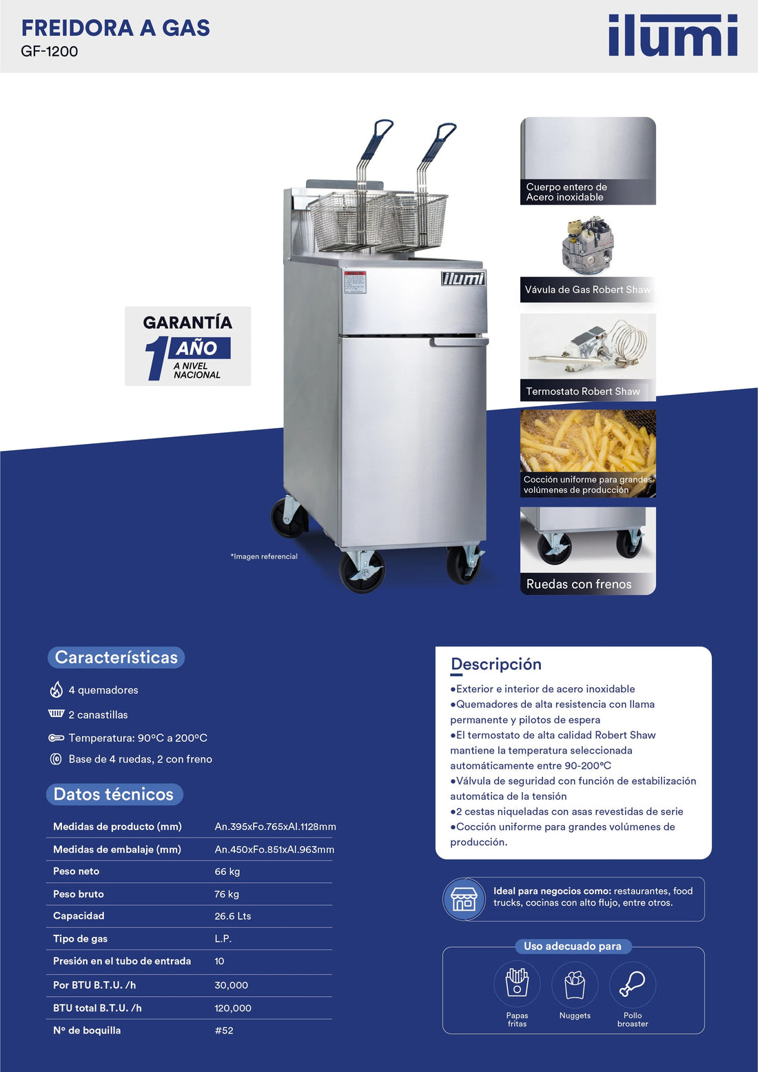 Freidora Industrial A Gas De 26.6 Lts Con 4 Quemadores Inoxidable Ilumi