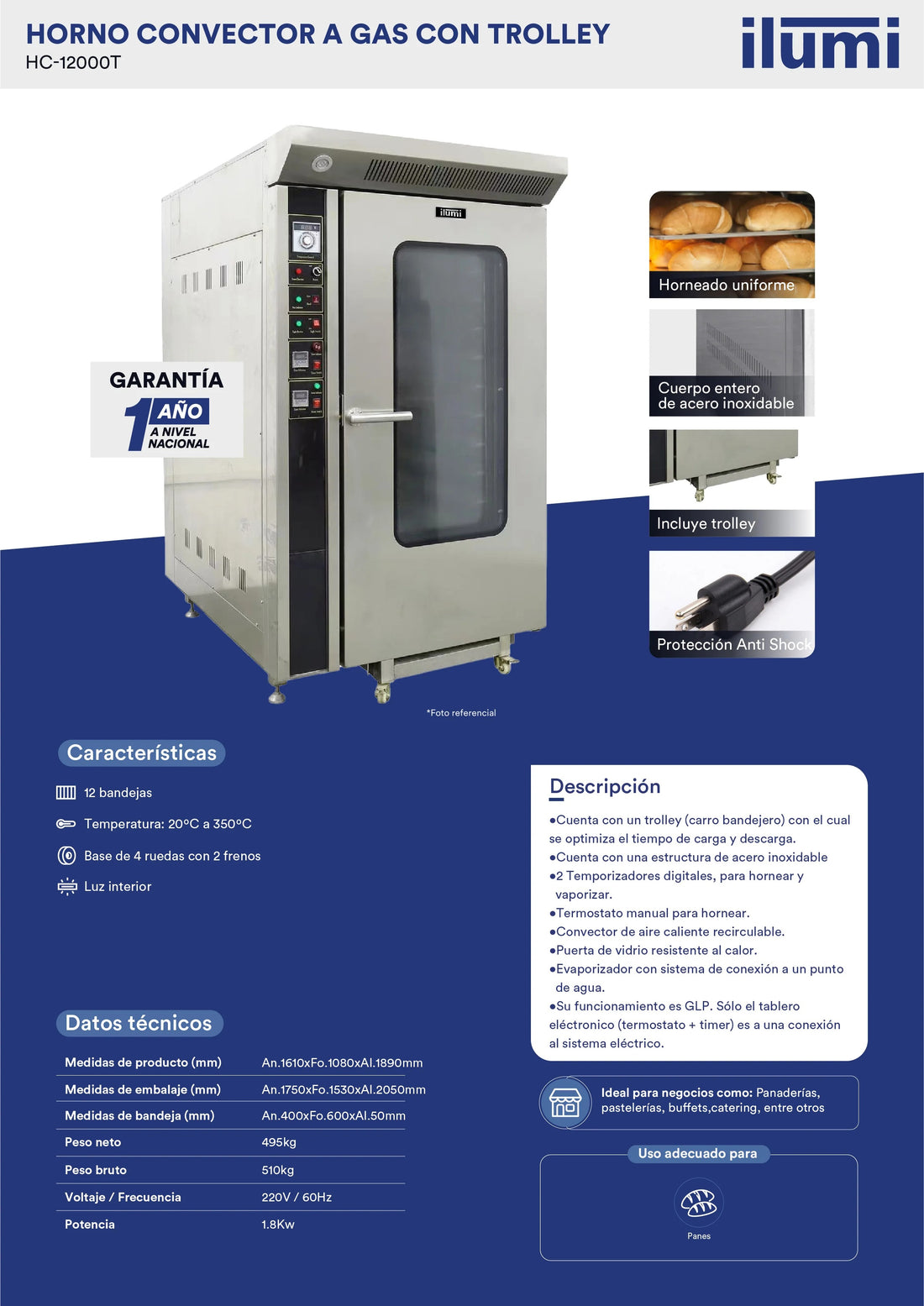 Horno Convector A Gas De 12 Bandejas + Carro Trolley Bandejero Ilumi