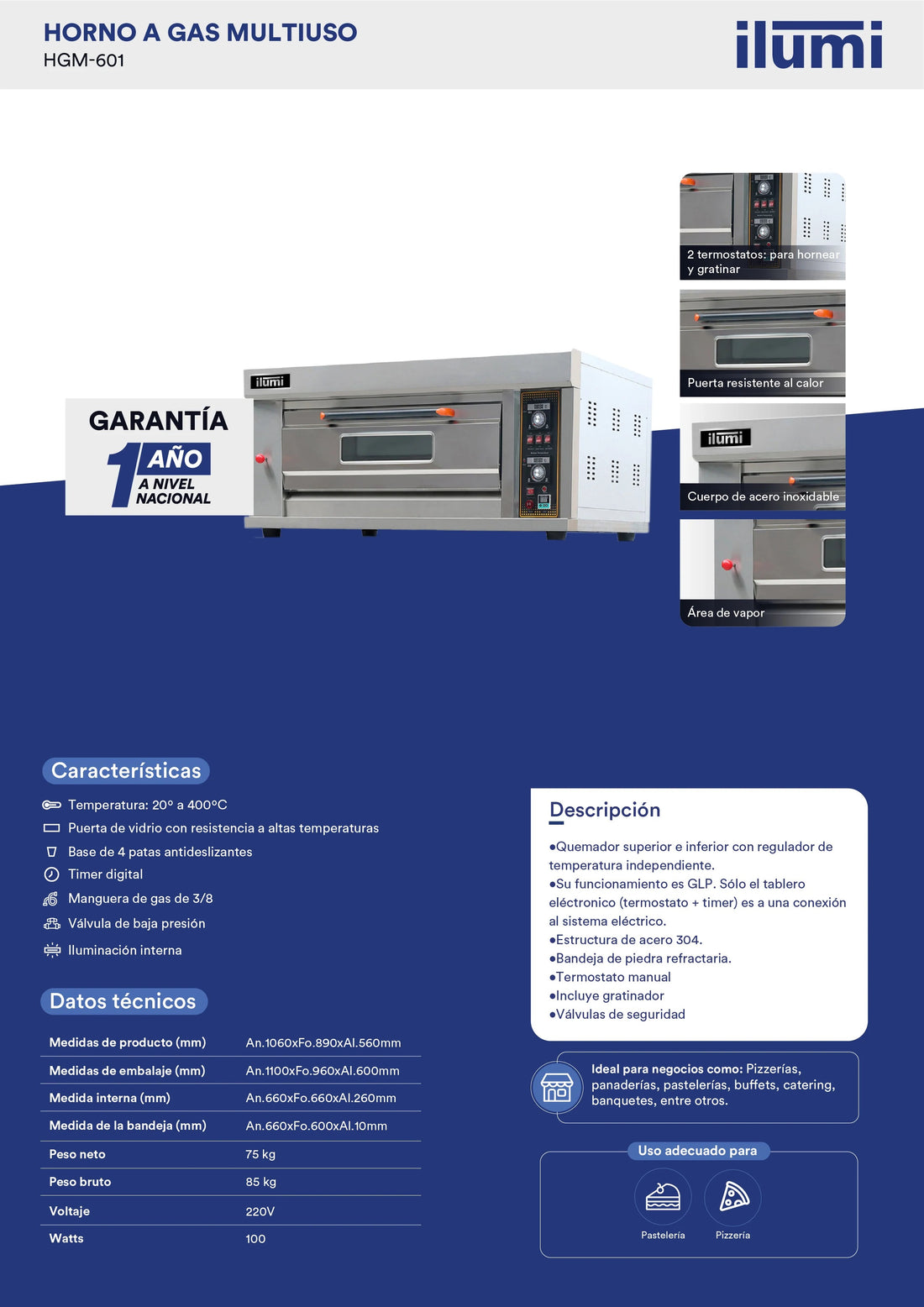 Horno Industrial A Gas Multiuso 60 Cms 1 Compartimiento Ilumi